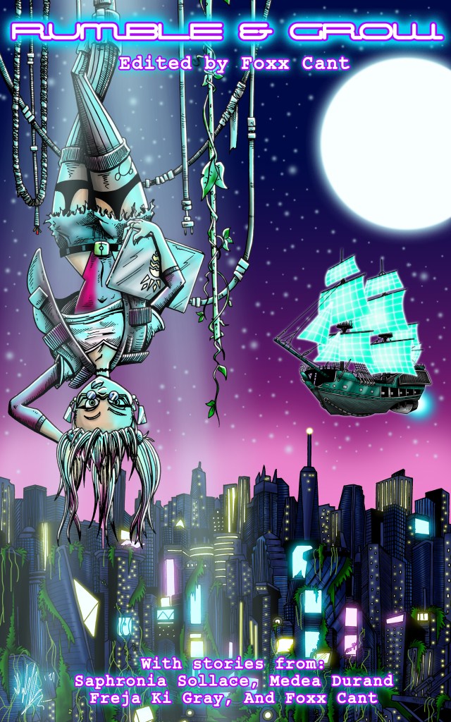 The cover of Rumble and Grow, a hacker hanging upside down in front of a cyberpunk city.